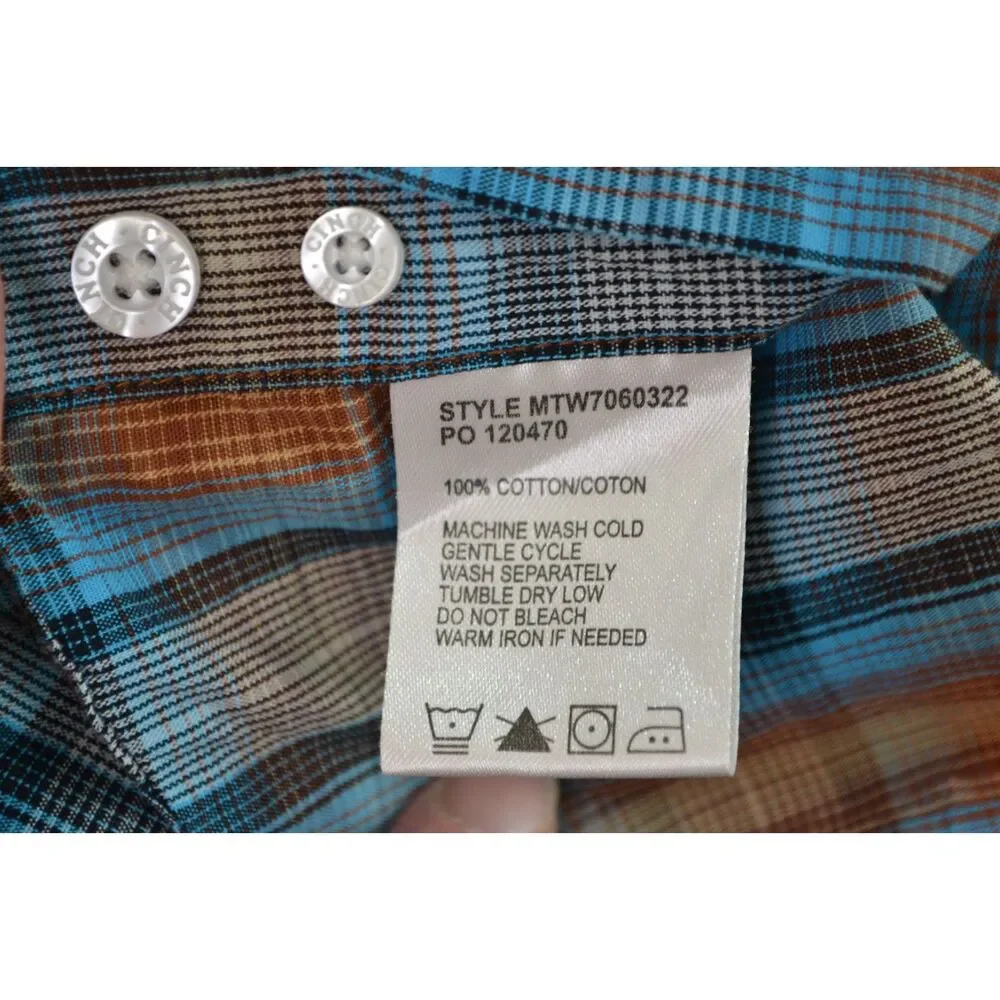 Cinch Boys XL (14) Shirt Blue Orange Plaid Western Button Up